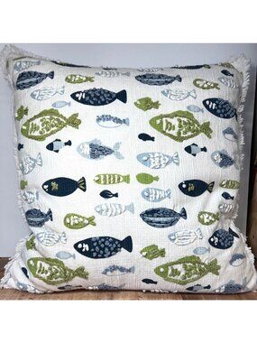 Fish-Themed Embroidered Throw Pillow With Fringe & Zipper Closure